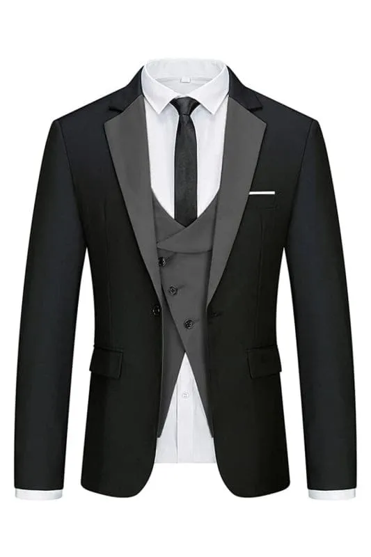 Chic Black Three Pieces Notched Lapel Business Suits Slim Fit Blazer Vest Pants Prom Suits