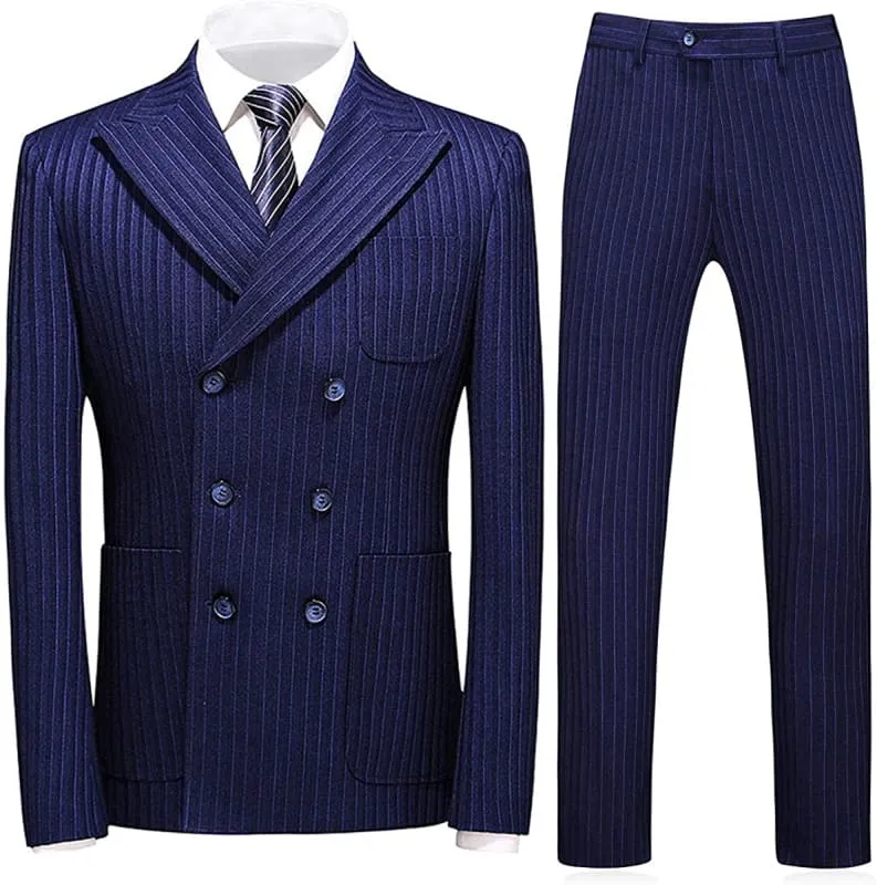 Chic Blue Double Breasted Striped Business Suits with Peaked Lapel Wedding Suits Two Pieces Tuxedos