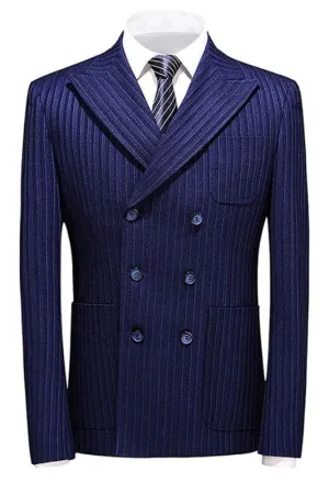 Chic Blue Double Breasted Striped Business Suits with Peaked Lapel Wedding Suits Two Pieces Tuxedos
