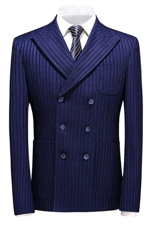 Chic Blue Double Breasted Striped Business Suits with Peaked Lapel Wedding Suits Two Pieces Tuxedos