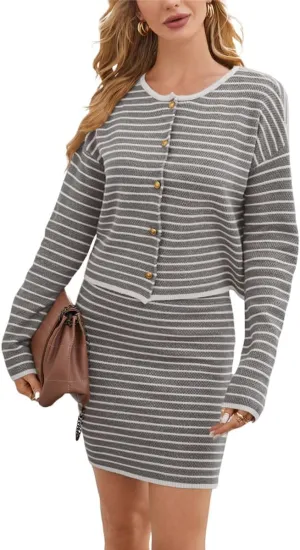 chouyatou Women's 2 Piece Sets Striped Ribbed Knit Button Down Cardigan and Mini Bodycon Skirt Outfits