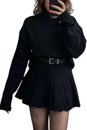 chouyatou Women's 2 Piece Sweater Skirt Sets Turtleneck Pullover Tops Mini Pleated Skirt Two Piece Knitted Outfits
