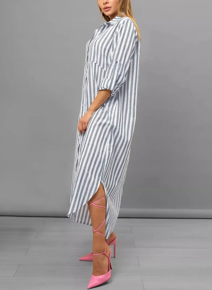 chouyatou Women's Business Casual Stripe Shirt Dress Long Sleeve Side Split Midi Long Button Down Dress