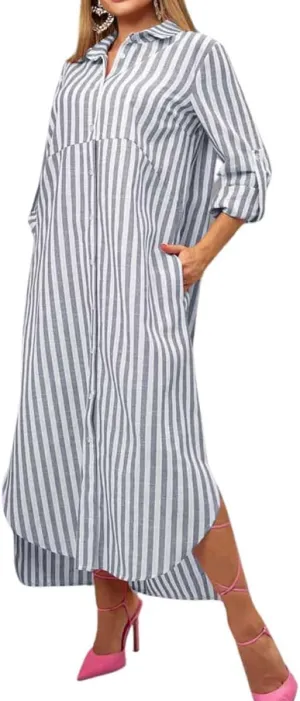 chouyatou Women's Business Casual Stripe Shirt Dress Long Sleeve Side Split Midi Long Button Down Dress