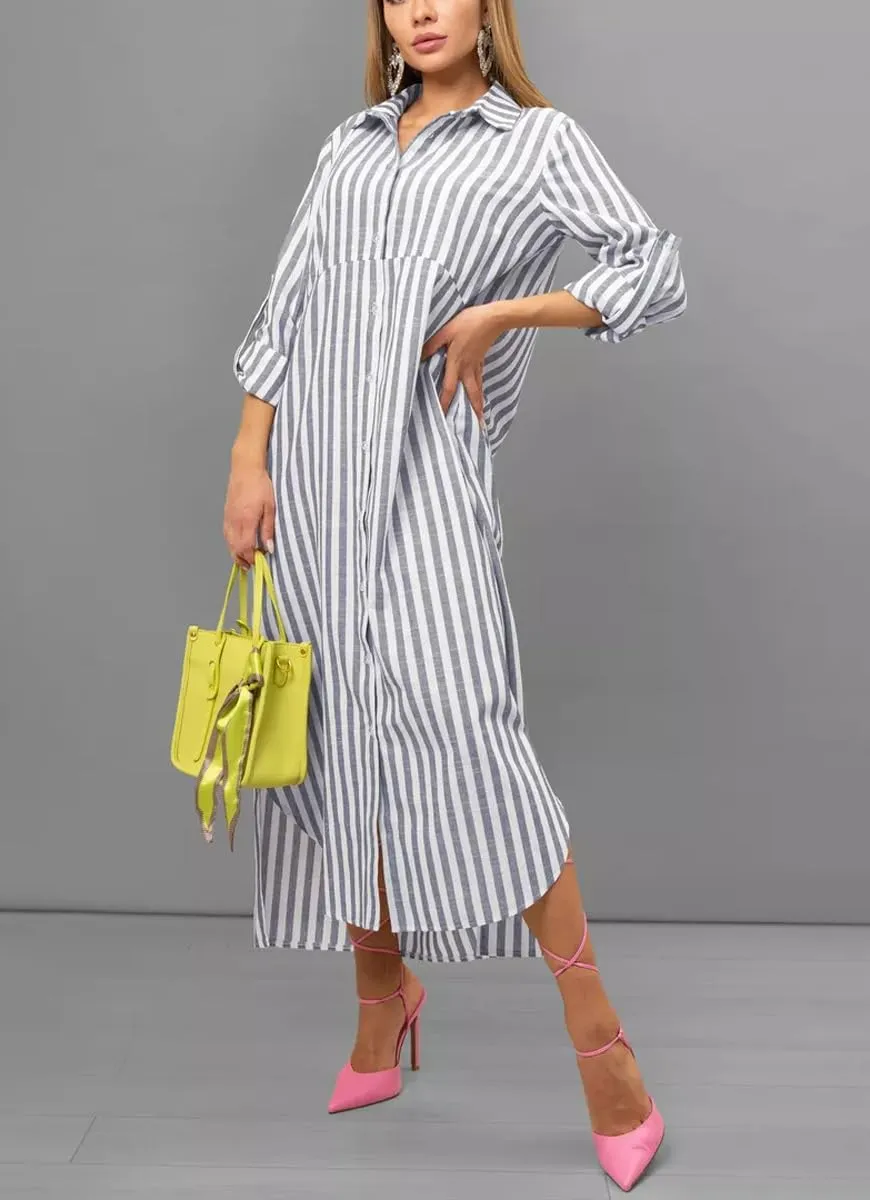 chouyatou Women's Business Casual Stripe Shirt Dress Long Sleeve Side Split Midi Long Button Down Dress