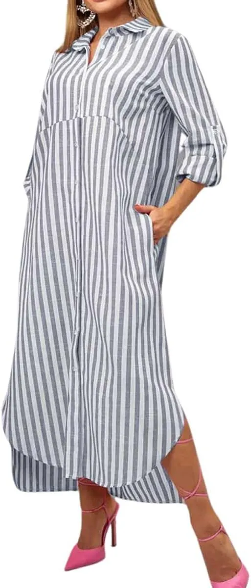 chouyatou Women's Business Casual Stripe Shirt Dress Long Sleeve Side Split Midi Long Button Down Dress