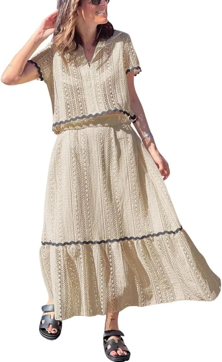 chouyatou Women's Crochet Knit 2 Piece Outfits Eyelet V-Neck Collared Pullover Shirt A-Line Skirt Sets Loungewear