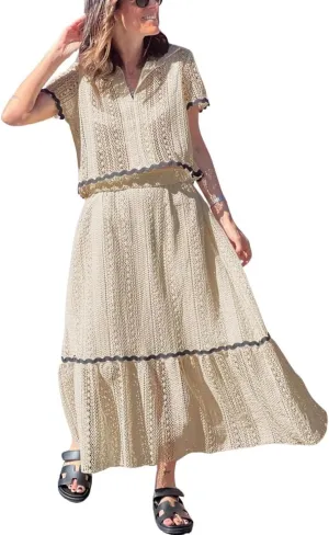 chouyatou Women's Crochet Knit 2 Piece Outfits Eyelet V-Neck Collared Pullover Shirt A-Line Skirt Sets Loungewear