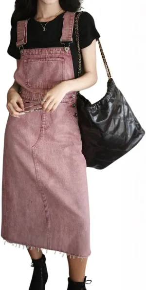 chouyatou Women's Distressed A-Line Denim Overall Dress Adjustable Strap Midi Long Pinafore Bib Jean Jumper Dress