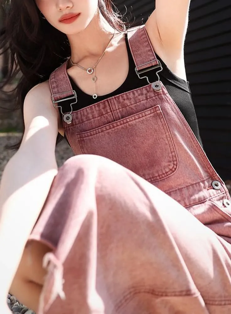 chouyatou Women's Distressed A-Line Denim Overall Dress Adjustable Strap Midi Long Pinafore Bib Jean Jumper Dress