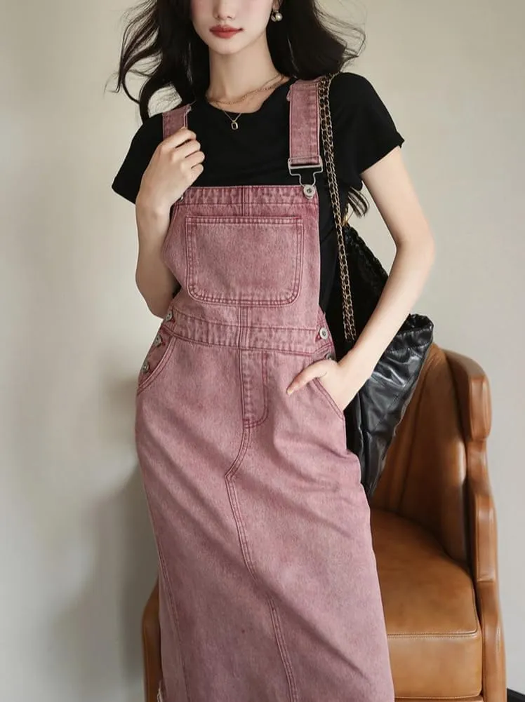 chouyatou Women's Distressed A-Line Denim Overall Dress Adjustable Strap Midi Long Pinafore Bib Jean Jumper Dress