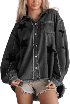 chouyatou Women's Fall Distressed Oversized Denim Jacket Star Printed Button Down Jean Jacket Shacket