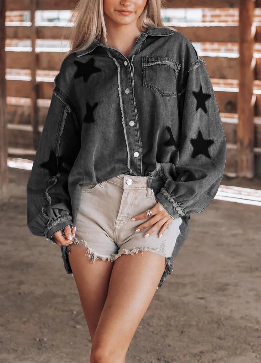 chouyatou Women's Fall Distressed Oversized Denim Jacket Star Printed Button Down Jean Jacket Shacket