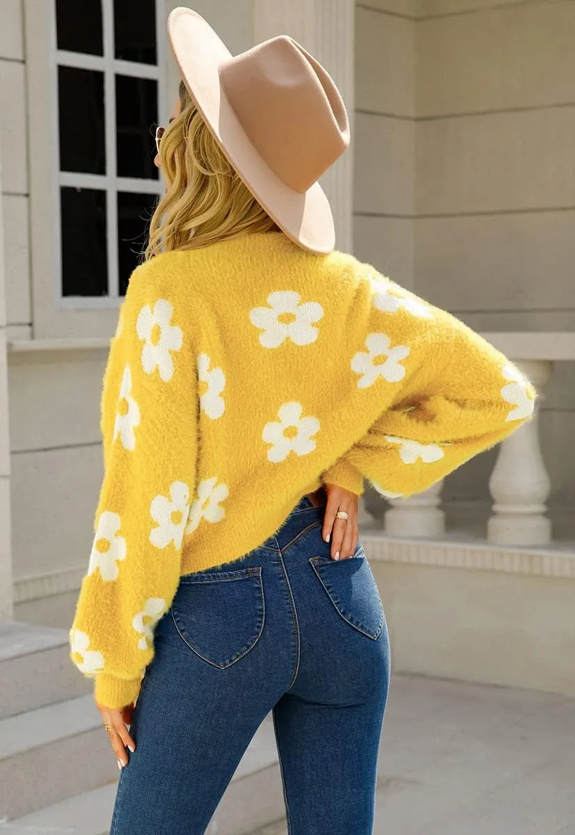 chouyatou Women's Fuzzy Daisy Printed Cropped Cardigan Open Front Jacquard Knit Sweater Tops