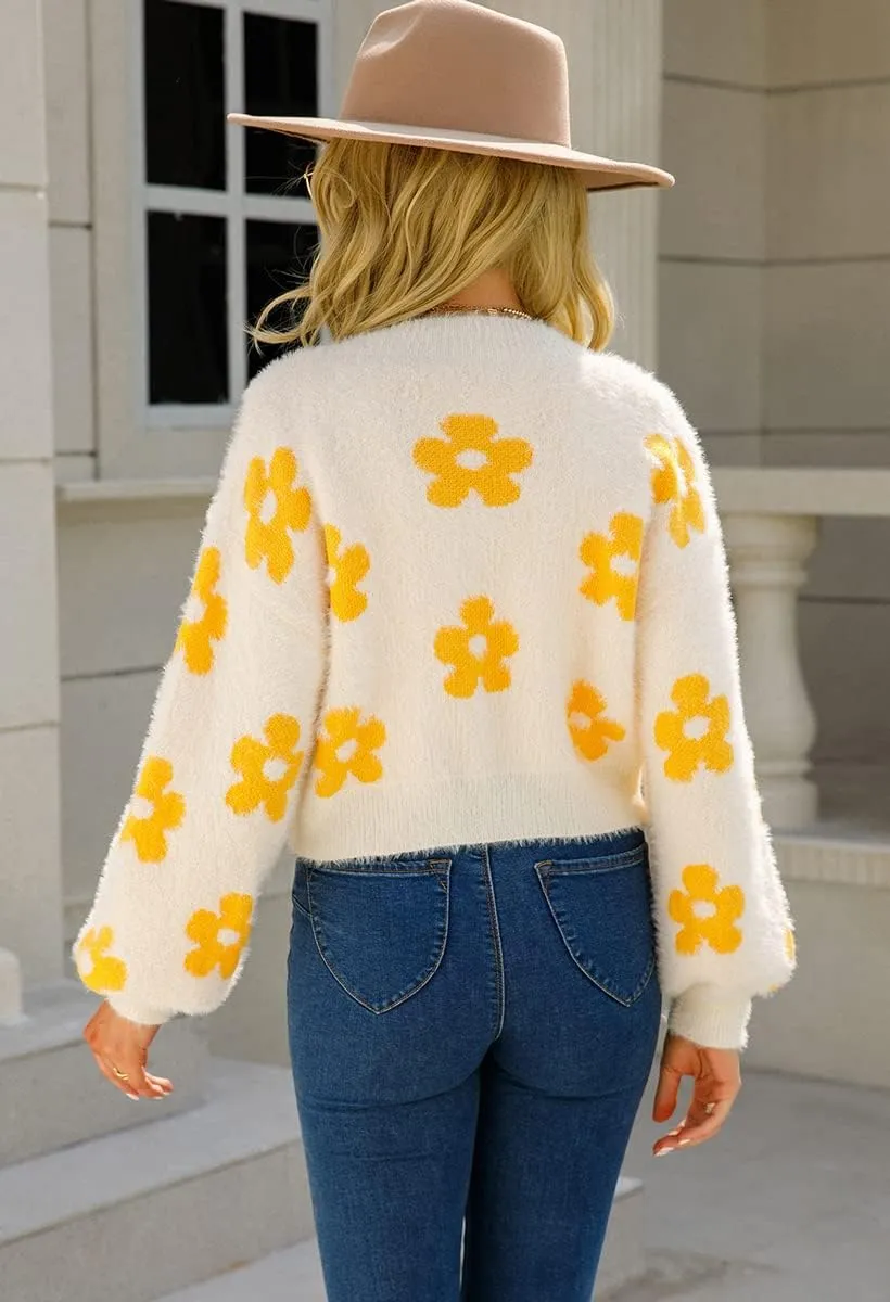 chouyatou Women's Fuzzy Daisy Printed Cropped Cardigan Open Front Jacquard Knit Sweater Tops
