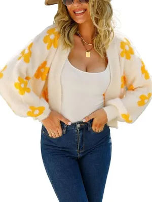 chouyatou Women's Fuzzy Daisy Printed Cropped Cardigan Open Front Jacquard Knit Sweater Tops
