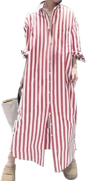 chouyatou Women's Long Sleeve Striped Shirt Dress Business Casual Beach Maxi Long Button Down Dress