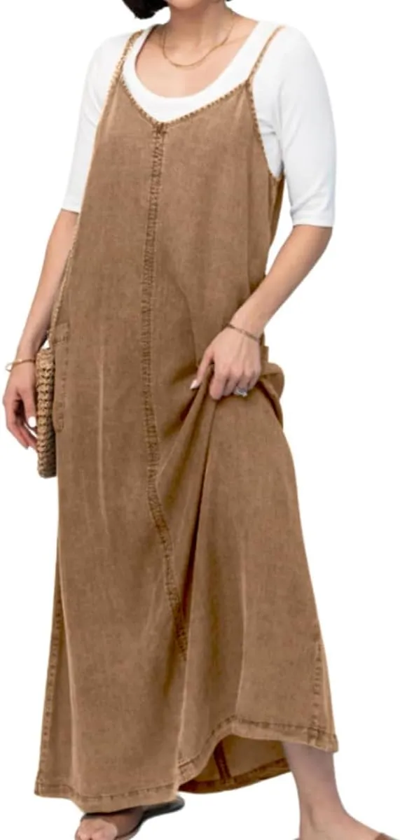 chouyatou Women's Summer Spaghetti Strap Denim Dress A-Line Overall Dress Flowy Swing Maxi Long Jean Dress