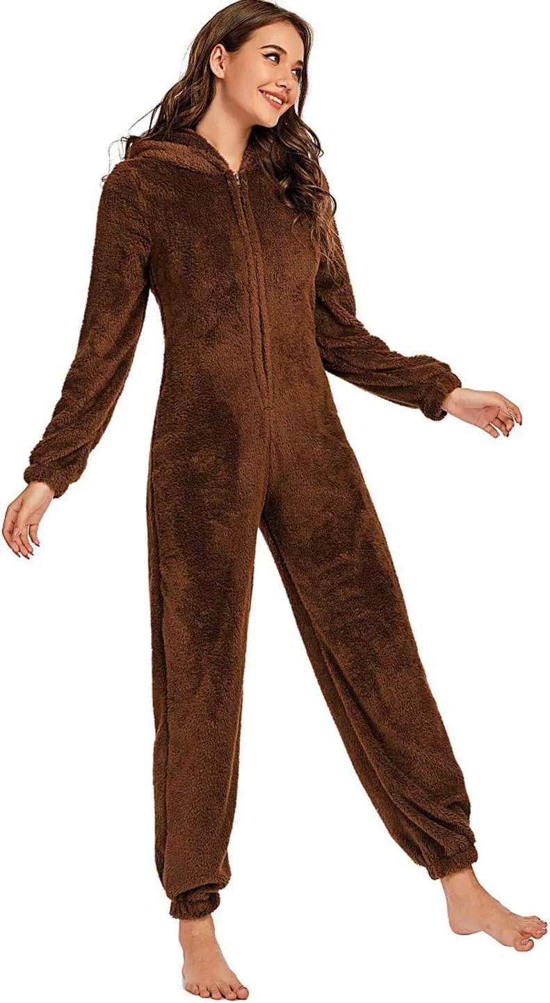 chouyatou Women's Ultra Comfy Lounge Furry Sherpa Romper Onesie Pajamas Cute Ear Hood