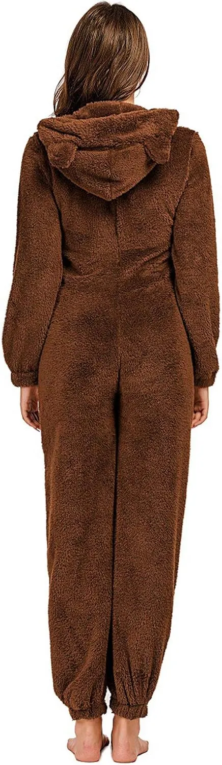 chouyatou Women's Ultra Comfy Lounge Furry Sherpa Romper Onesie Pajamas Cute Ear Hood
