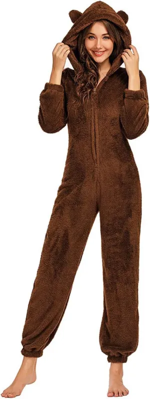 chouyatou Women's Ultra Comfy Lounge Furry Sherpa Romper Onesie Pajamas Cute Ear Hood