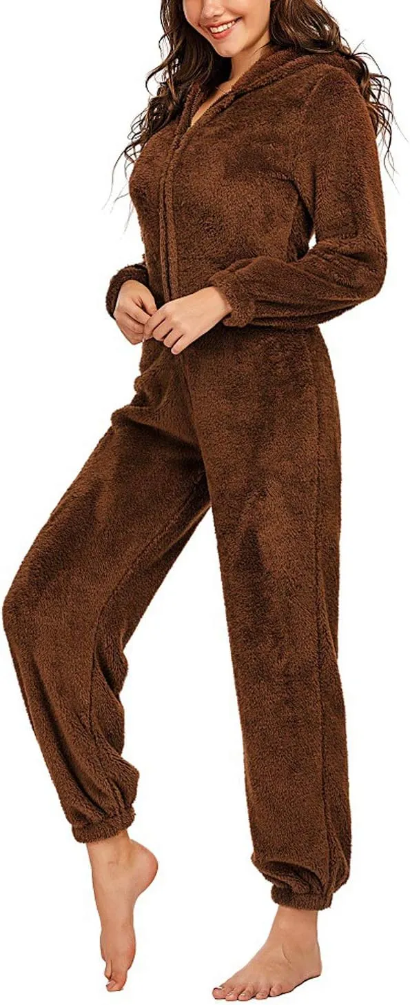 chouyatou Women's Ultra Comfy Lounge Furry Sherpa Romper Onesie Pajamas Cute Ear Hood