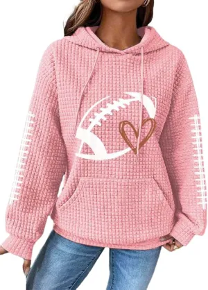 Chvity Women's Pullover Sweatshirt Drawstring Rugby Printed Waffle Hoodie Long Sleeve Tops with Pocket
