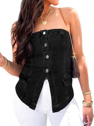 Cicy Bell Womens Strapless Denim Vest Summer Button Down Jean Tube Tops Y2k Going Out Fitted Bandeau Shirts Waistcoat