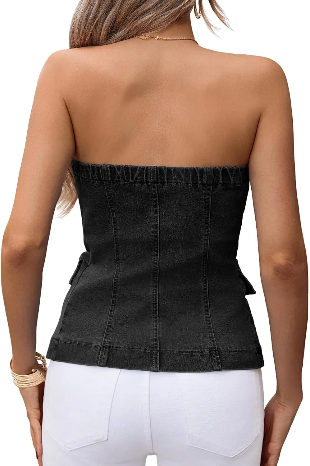 Cicy Bell Womens Strapless Denim Vest Summer Button Down Jean Tube Tops Y2k Going Out Fitted Bandeau Shirts Waistcoat