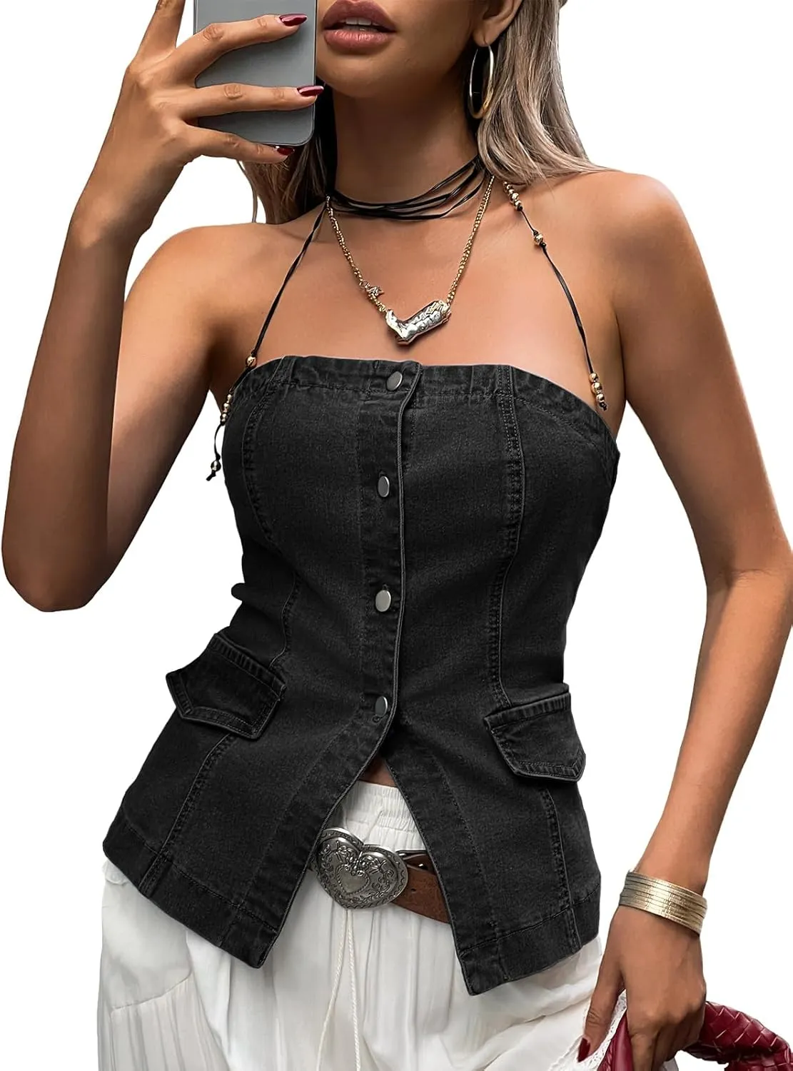 Cicy Bell Womens Strapless Denim Vest Summer Button Down Jean Tube Tops Y2k Going Out Fitted Bandeau Shirts Waistcoat