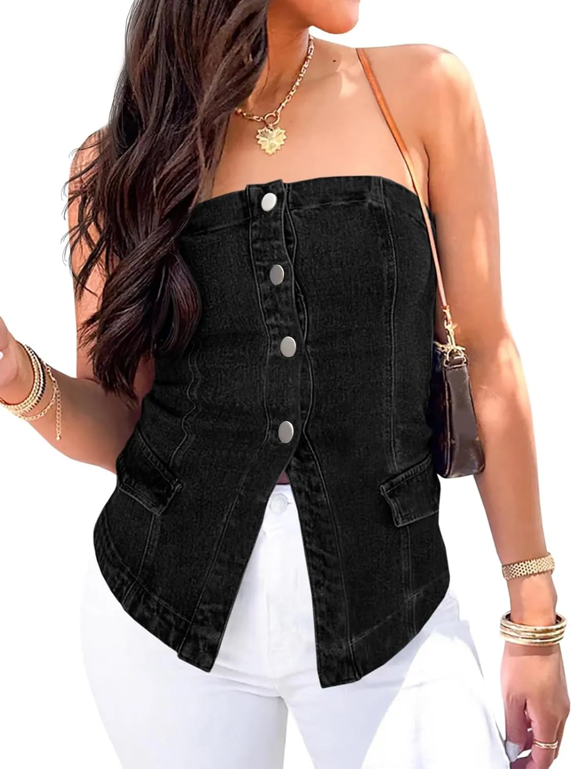 Cicy Bell Womens Strapless Denim Vest Summer Button Down Jean Tube Tops Y2k Going Out Fitted Bandeau Shirts Waistcoat