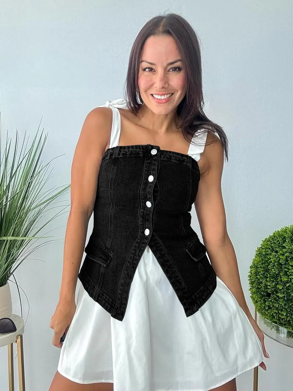 Cicy Bell Womens Strapless Denim Vest Summer Button Down Jean Tube Tops Y2k Going Out Fitted Bandeau Shirts Waistcoat