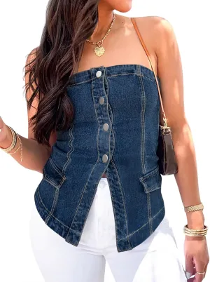 Cicy Bell Womens Strapless Denim Vest Summer Button Down Jean Tube Tops Y2k Going Out Fitted Bandeau Shirts Waistcoat