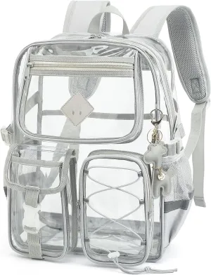 Clear Backpack for Girls Women, Heavy Duty Transparent School Backpack Bookbag with Giraffe Keychain (Grey)