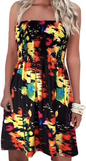 Comeon Women Off Shoulder Strapless Sleeveless Tube Top Dress Floral Summer Beach Coverup Flowy Midi Dress