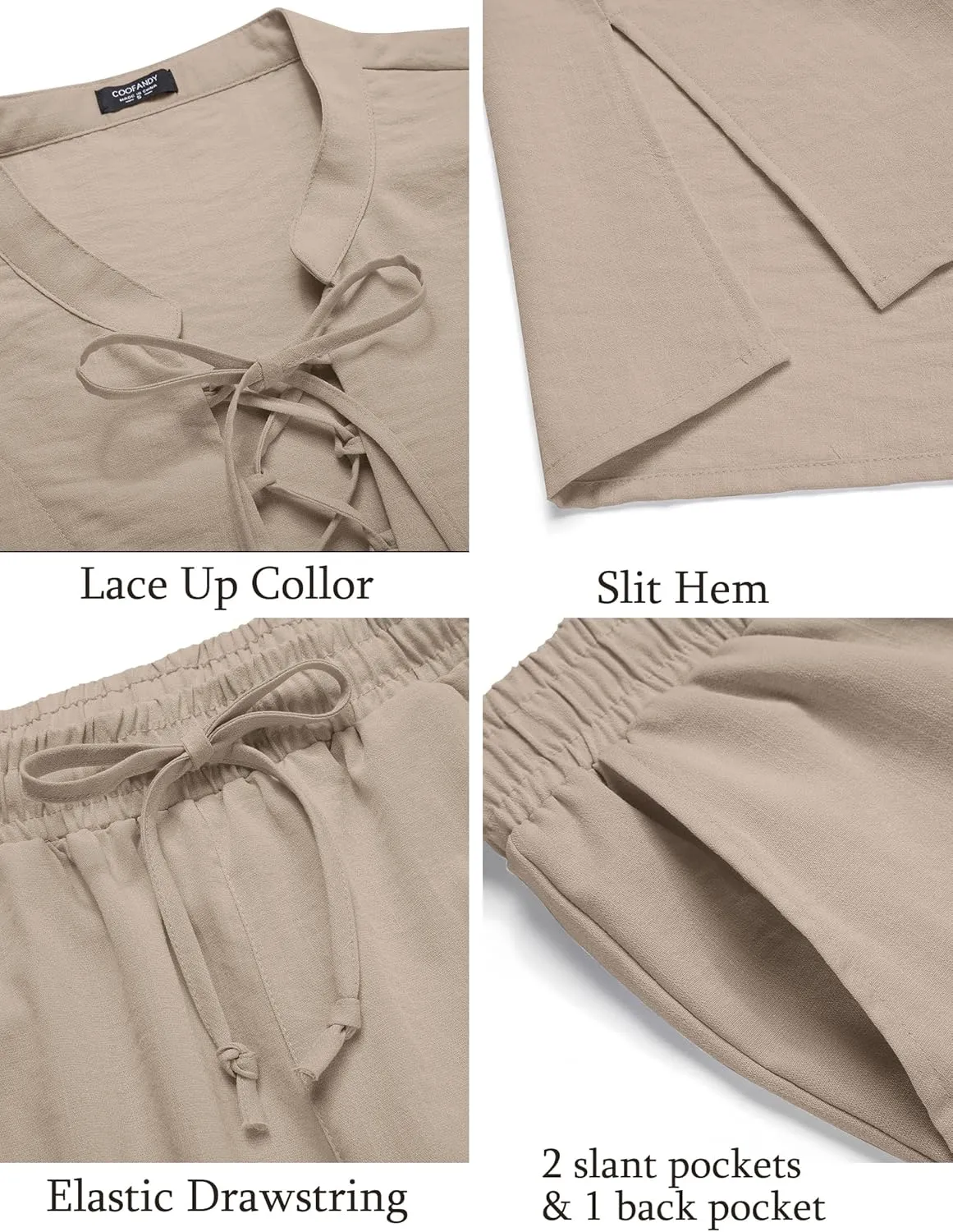 COOFANDY Men's 2 Piece Linen Set Long Sleeve Henley Shirts Casual Beach Pants With Pockets Summer Yoga Outfits
