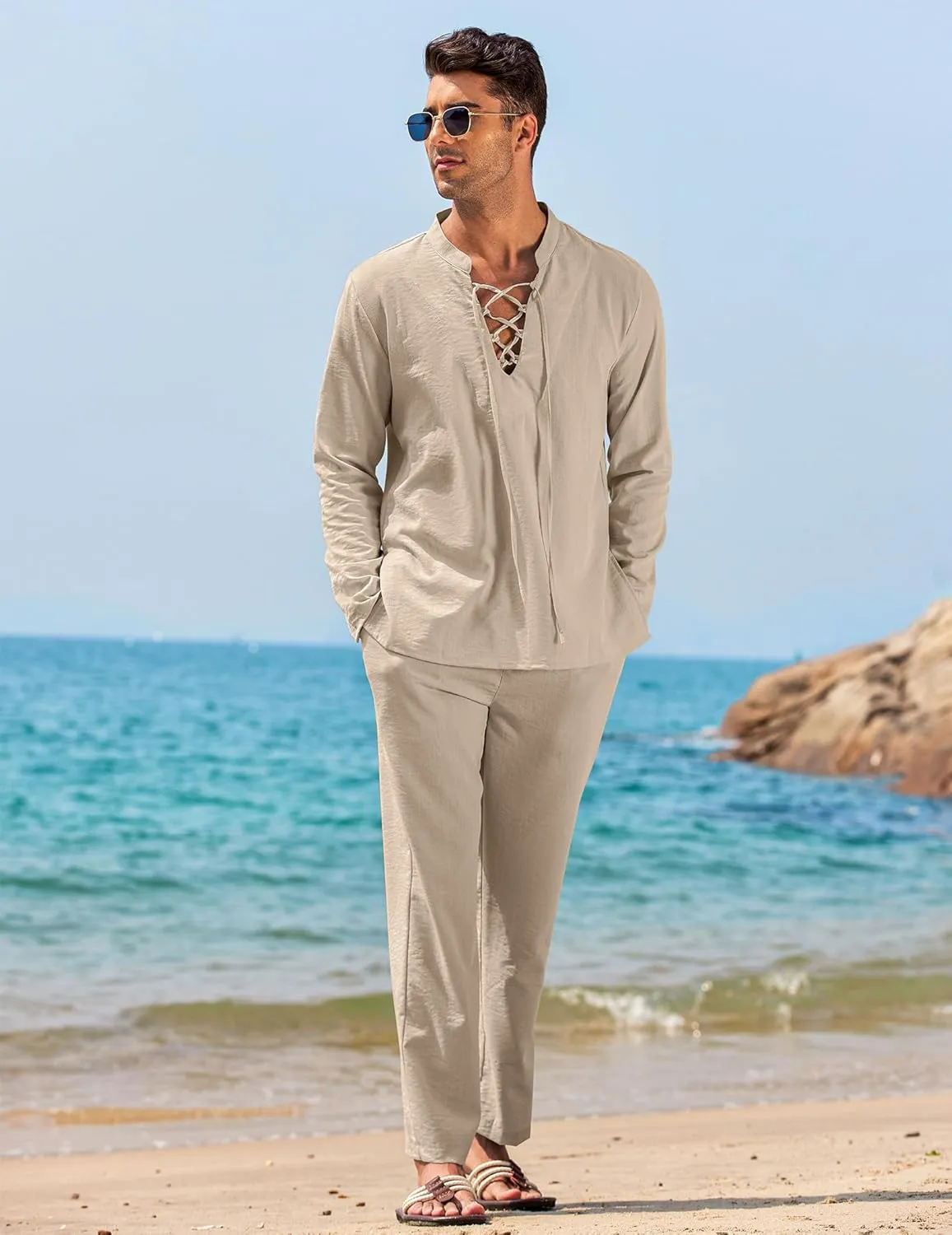 COOFANDY Men's 2 Piece Linen Set Long Sleeve Henley Shirts Casual Beach Pants With Pockets Summer Yoga Outfits