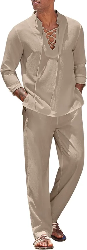 COOFANDY Men's 2 Piece Linen Set Long Sleeve Henley Shirts Casual Beach Pants With Pockets Summer Yoga Outfits