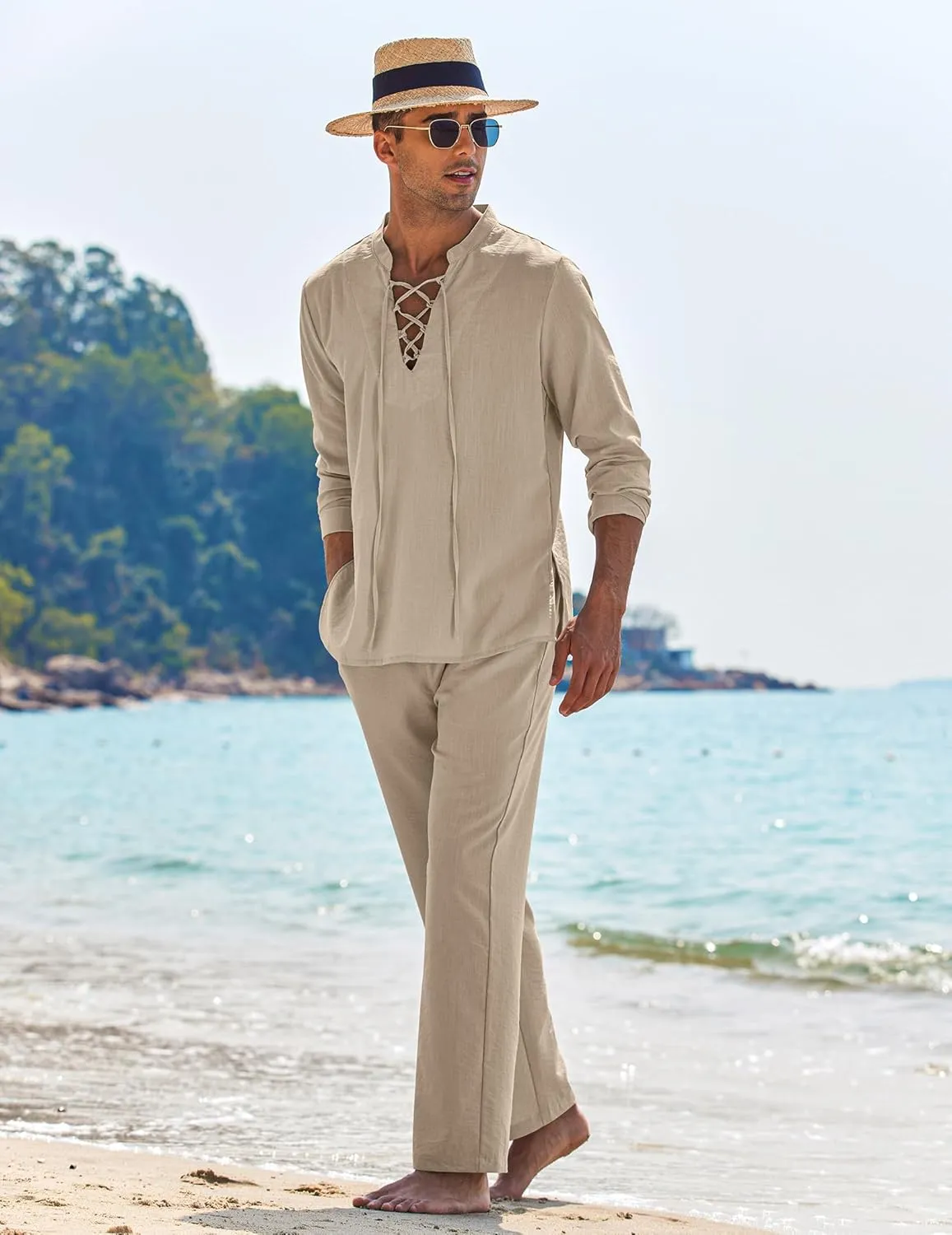 COOFANDY Men's 2 Piece Linen Set Long Sleeve Henley Shirts Casual Beach Pants With Pockets Summer Yoga Outfits