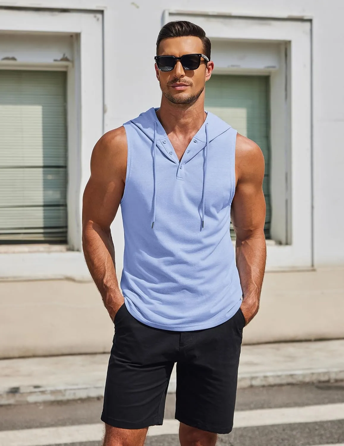 COOFANDY Men's Workout Hooded Tank Tops Sleeveless Gym Hoodies Cotton Muscle Cut Off Shirt Bodybuilding Henley Shirts