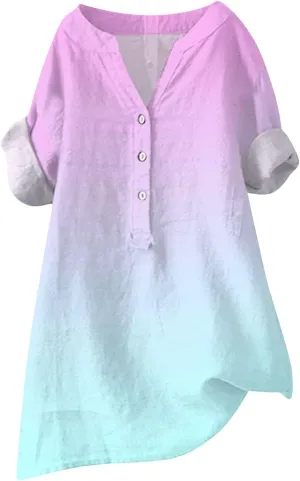 Cotton Linen Shirts for Women 2024 Buttons V Neck Long Sleeve Tops Summer Trendy Blouses Casual Loose Tunic Tops