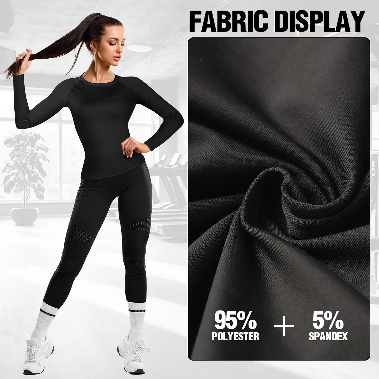 Coume 4 Pack Women's Compression Long Sleeve Shirts Crew Neck Workout Tops Quick Dry Gym Running Athletic Sports Underscrubs