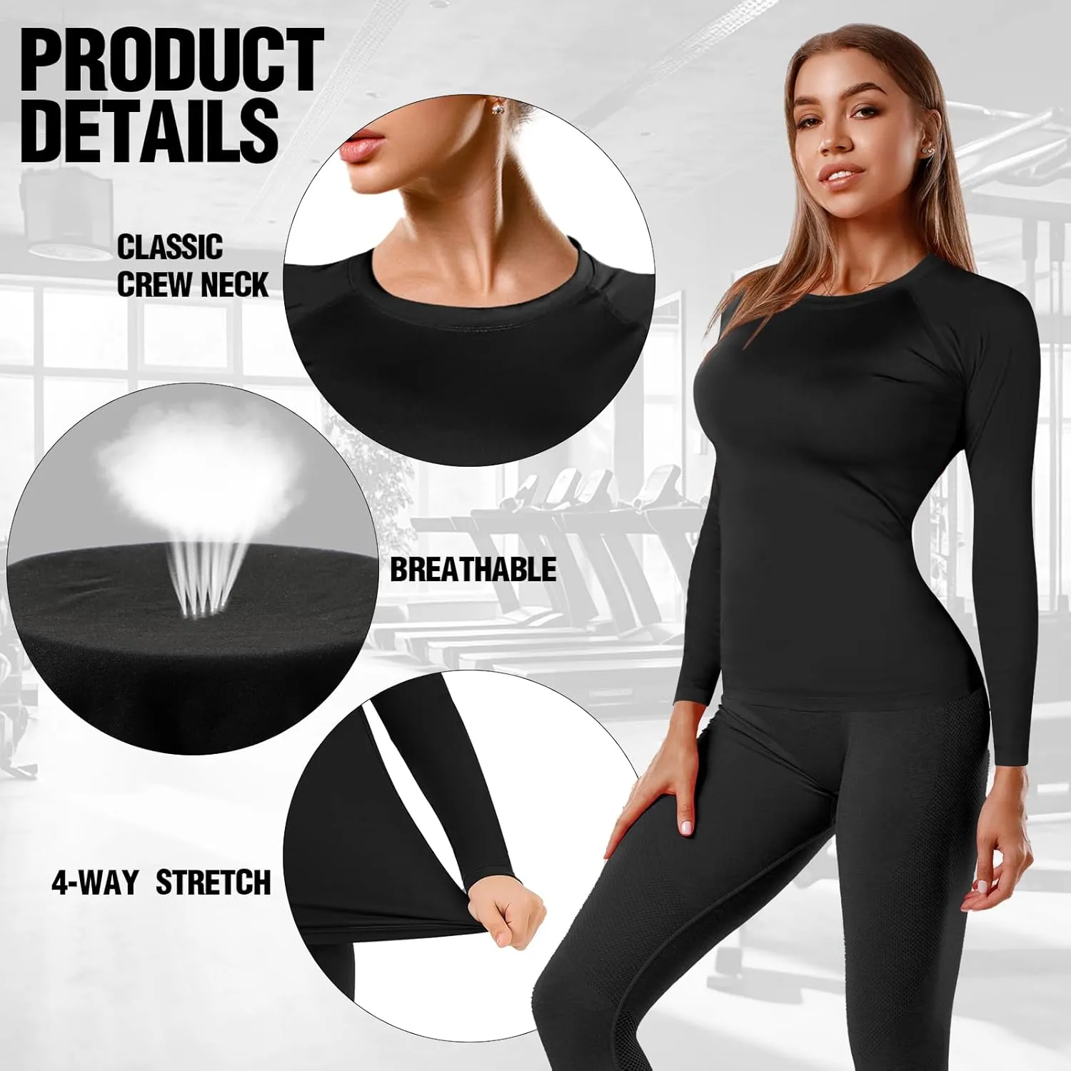 Coume 4 Pack Women's Compression Long Sleeve Shirts Crew Neck Workout Tops Quick Dry Gym Running Athletic Sports Underscrubs