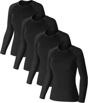 Coume 4 Pack Women's Compression Long Sleeve Shirts Crew Neck Workout Tops Quick Dry Gym Running Athletic Sports Underscrubs