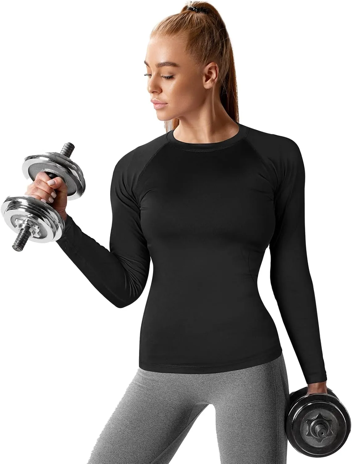 Coume 4 Pack Women's Compression Long Sleeve Shirts Crew Neck Workout Tops Quick Dry Gym Running Athletic Sports Underscrubs