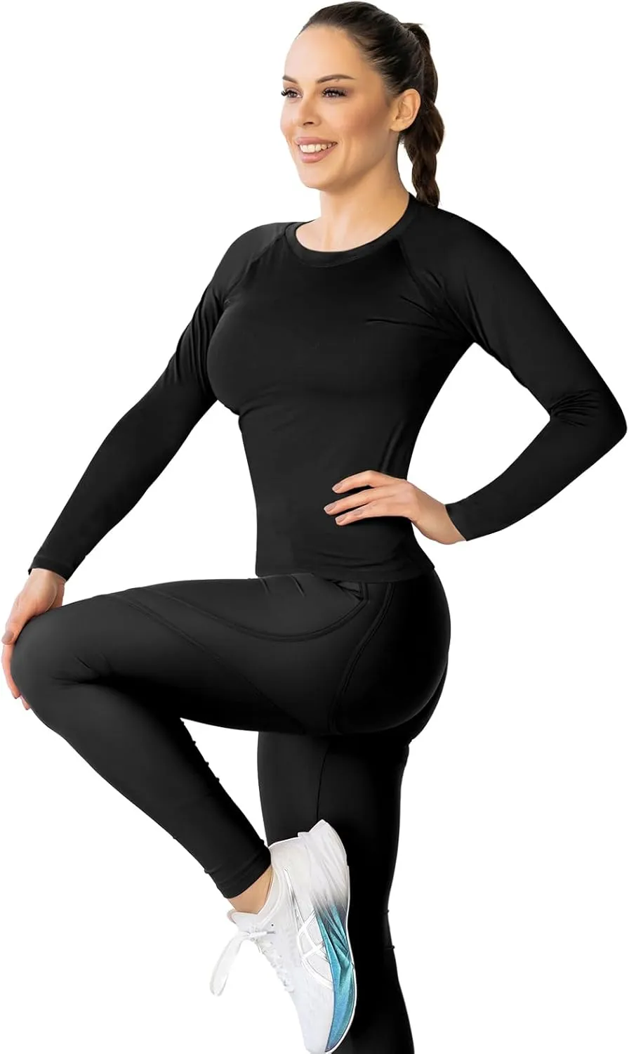 Coume 4 Pack Women's Compression Long Sleeve Shirts Crew Neck Workout Tops Quick Dry Gym Running Athletic Sports Underscrubs