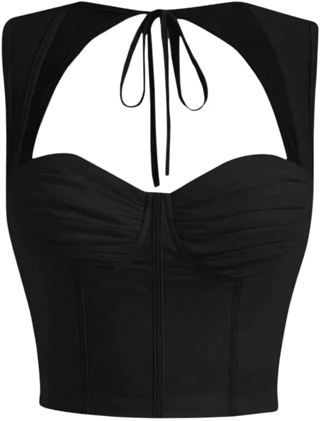 COZYEASE Women's Tie Back Sweetheart Neck Ruched Crop Tank Top Sleeveless Bustier Tops