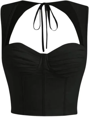 COZYEASE Women's Tie Back Sweetheart Neck Ruched Crop Tank Top Sleeveless Bustier Tops