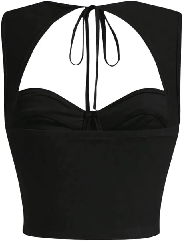 COZYEASE Women's Tie Back Sweetheart Neck Ruched Crop Tank Top Sleeveless Bustier Tops