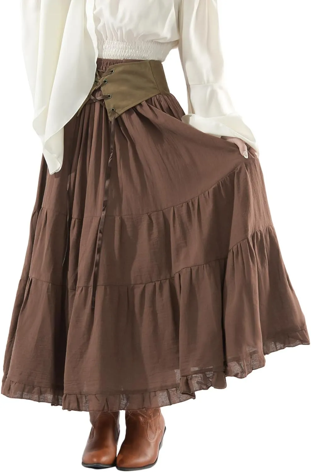 CR ROLECOS Womens Renaissance Skirt Victorian Lace-up High Waist Peasant Long Skirt